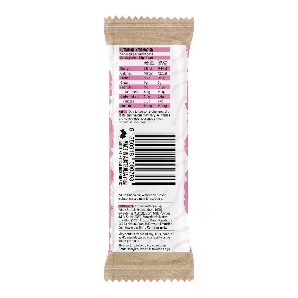 Protein White Chocolate Bar - Raspberry Macadamia (35g)